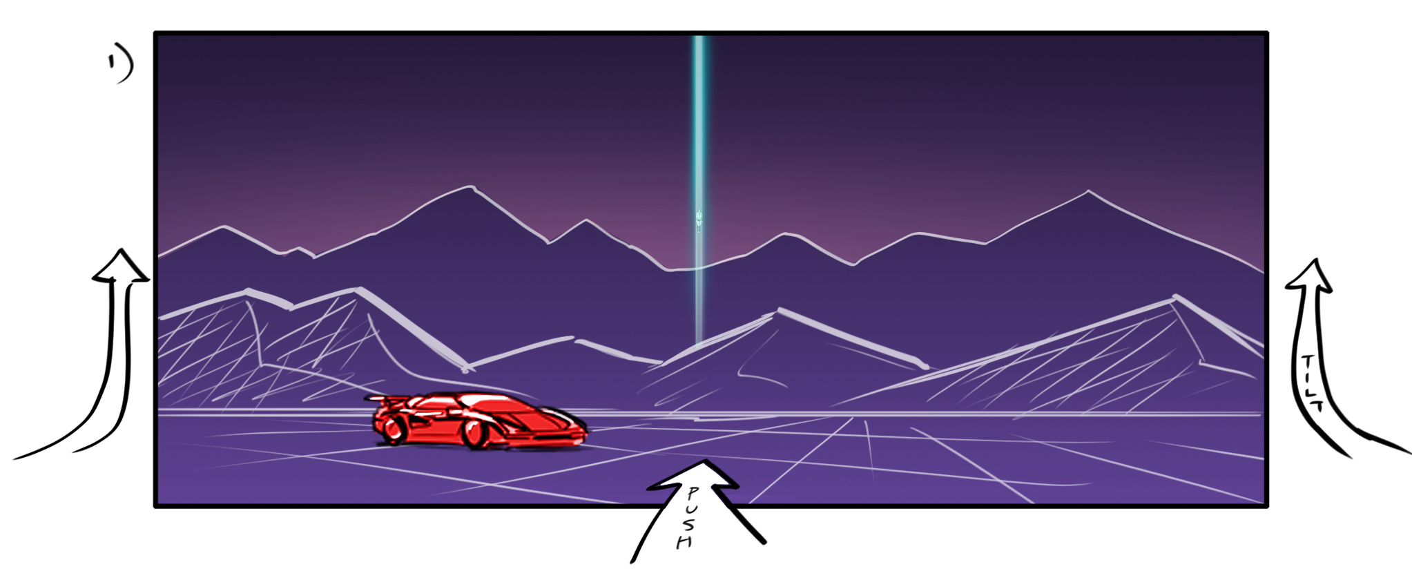 Simulation Theory storyboard with a red car, mountains, a beam of light, and handwritten camera tilt and push arrows